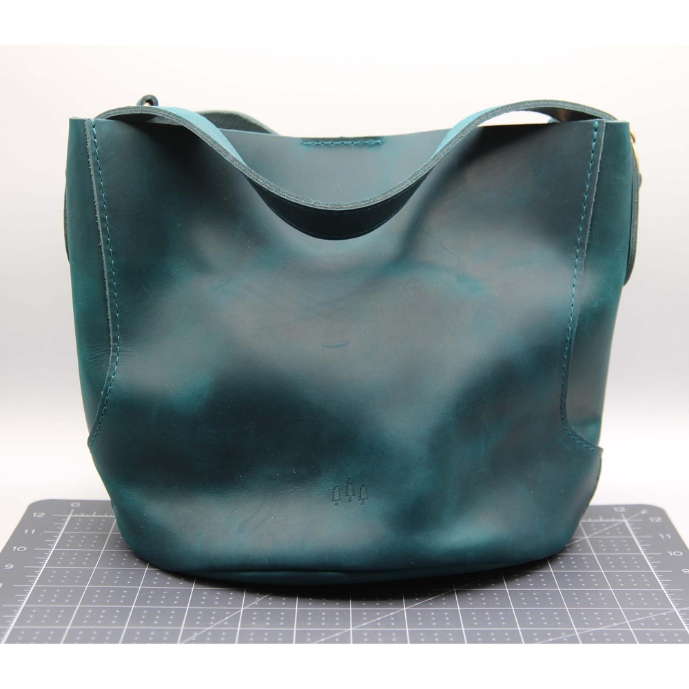Portland Leather Goods Teal Blue Leather Bucket Bag Crossbody Peacock Brass